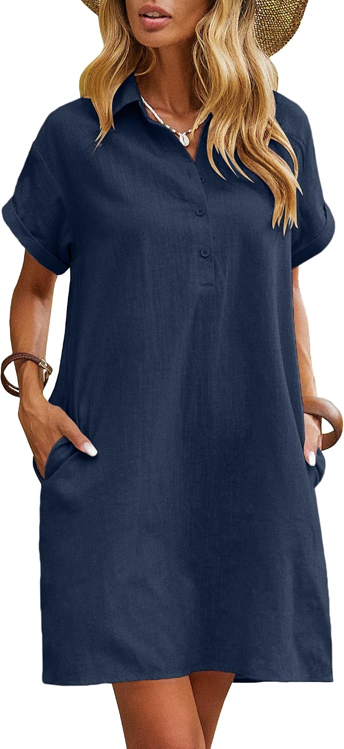 Zeagoo Vestido de Verano para Mujer de Lino Casual de Manga Corta Vestido de Playa a la Rodilla Vestido Camisero Informal con Bolsillos